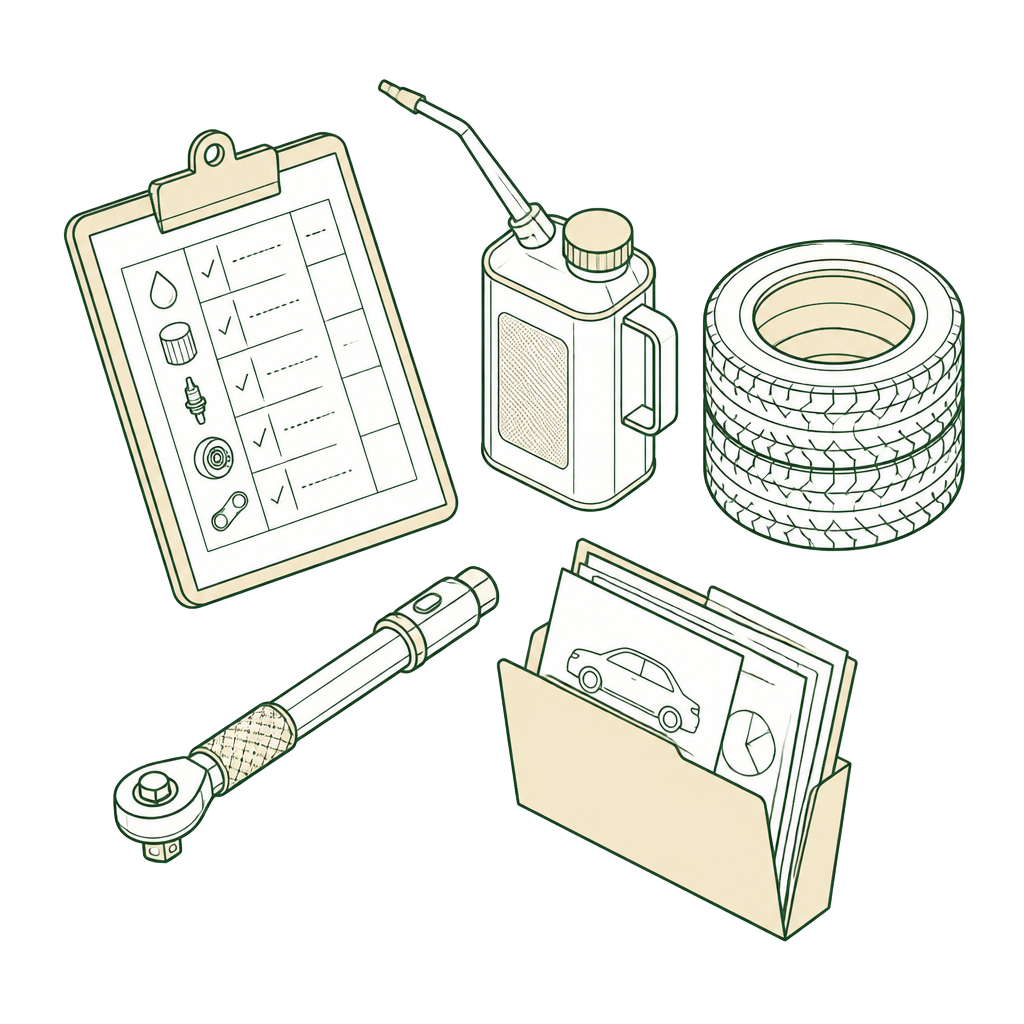 Isometric line drawing of a service clipboard, oil can, stacked tires, torque wrench, and vehicle documents