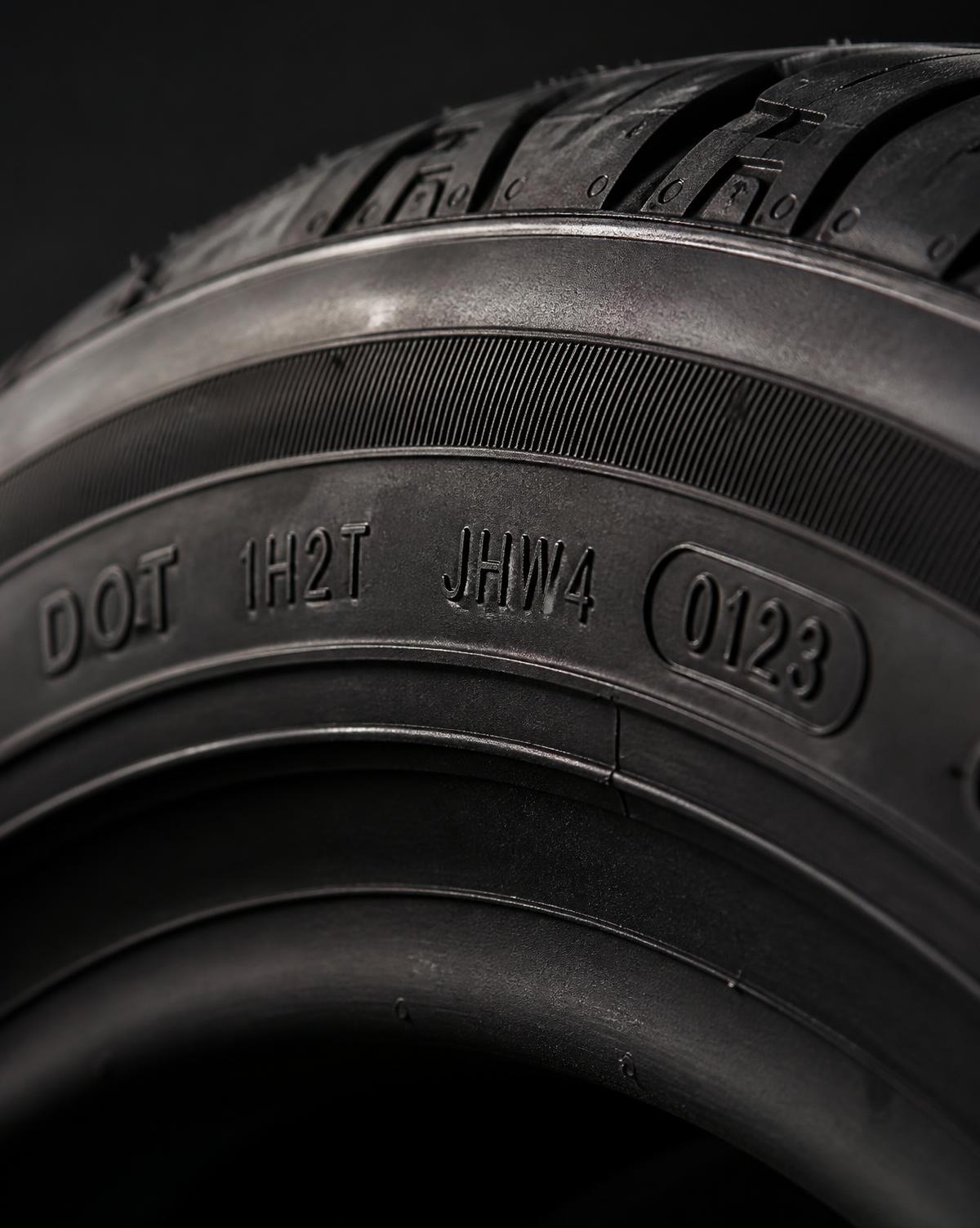 Macro view of a tire sidewall showing the DOT date code