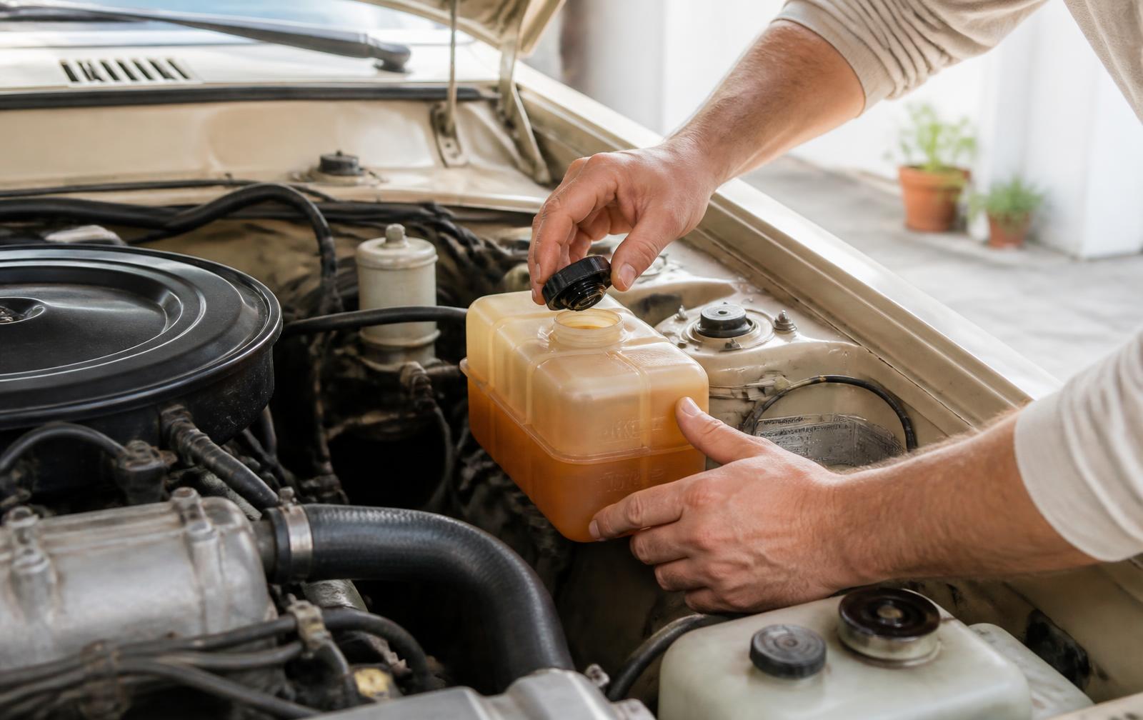 Hands checking a coolant reservoir in the engine bay of an older car in daylight